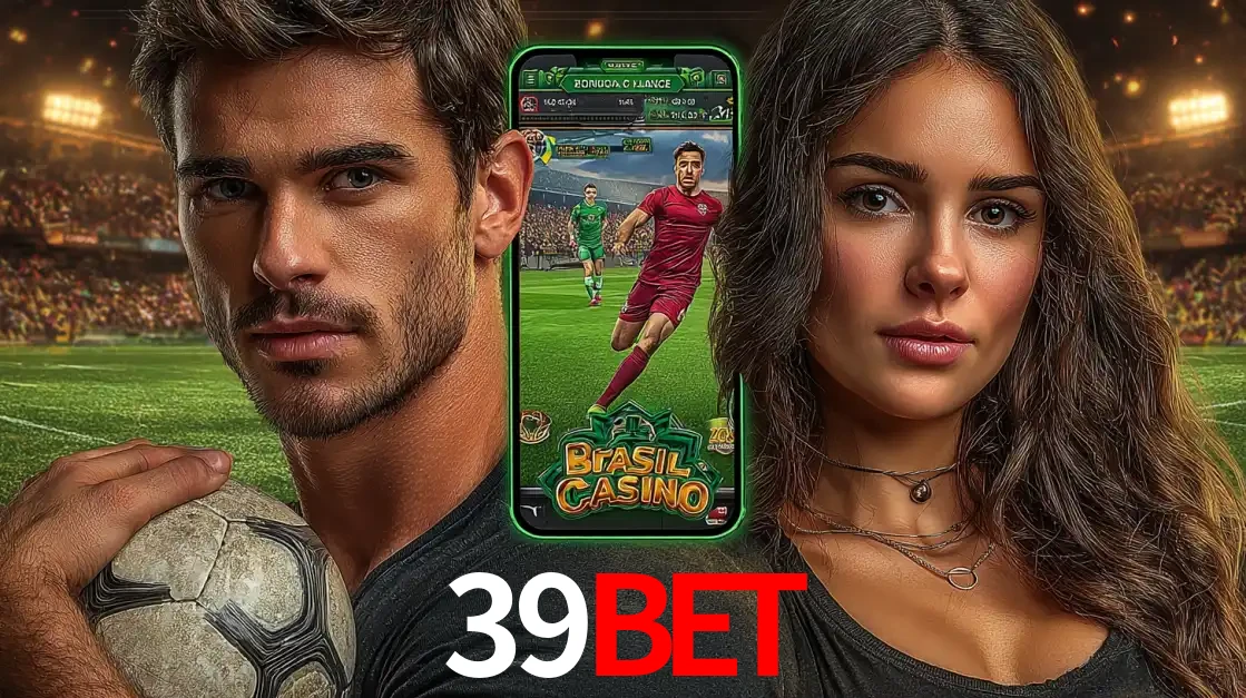 Homem segurando uma bola de futebol e uma mulher ao lado de um smartphone exibindo o jogo de apostas esportivas da 39BET. Faça seu palpite no cassino online.